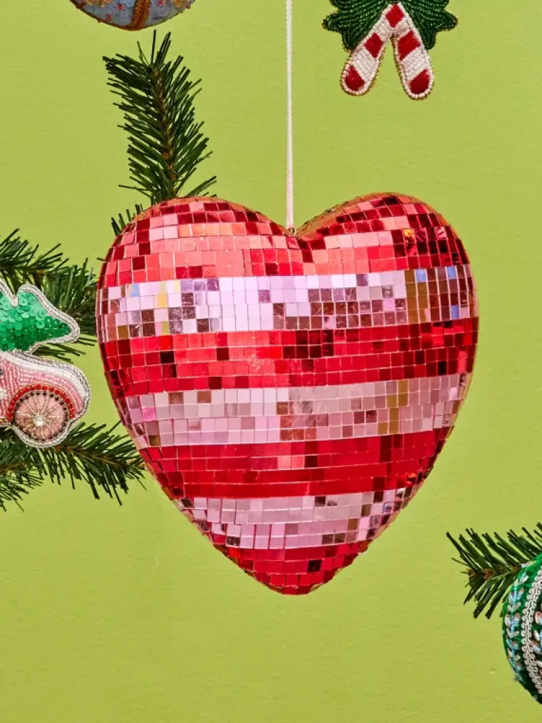 Boule disco en forme de cœur à rayures rouges et roses - Grande