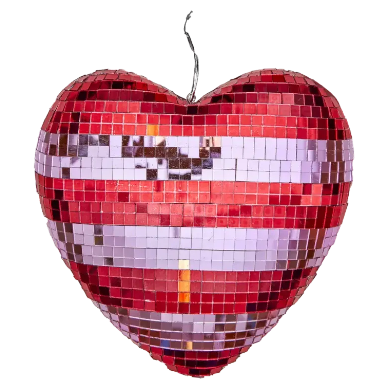 Boule disco en forme de cœur à rayures rouges et roses - Grande