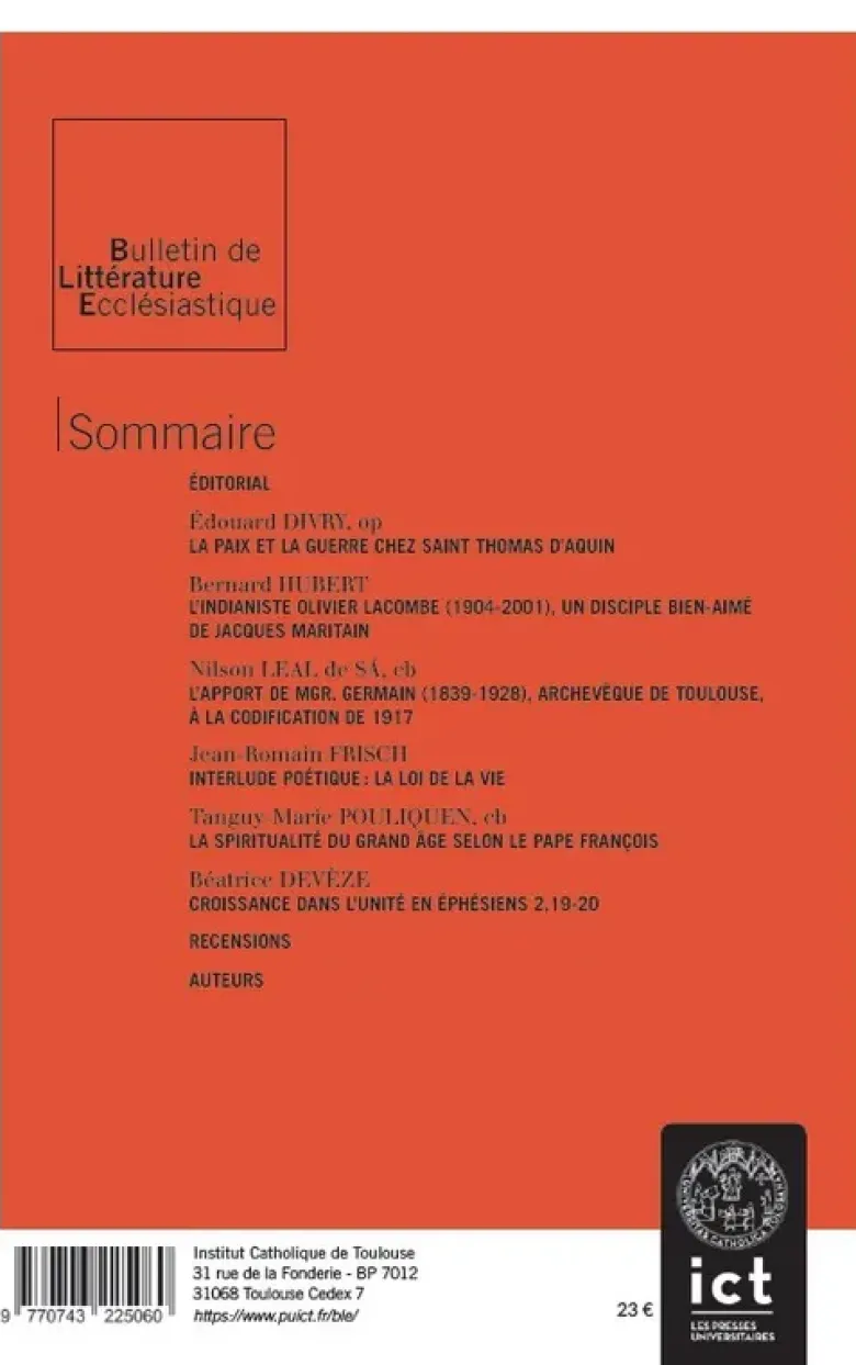 Bulletin de Littérature ecclésiastique n°506 CXXVII/2, avril-Juin 2026