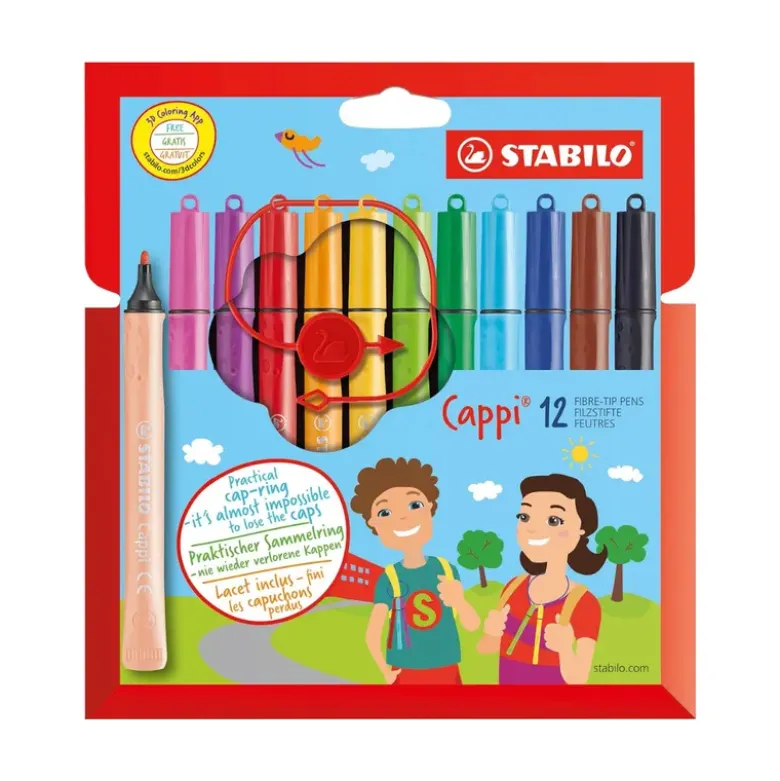 12 feutres de coloriage pointe moyenne STABILO Cappi + 1 lacet